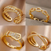 Stainless Steel Belt Ring For Women Zircon Adjustable Belt Finger Ring Geometric Wedding Aesthetic Jewelry Gift