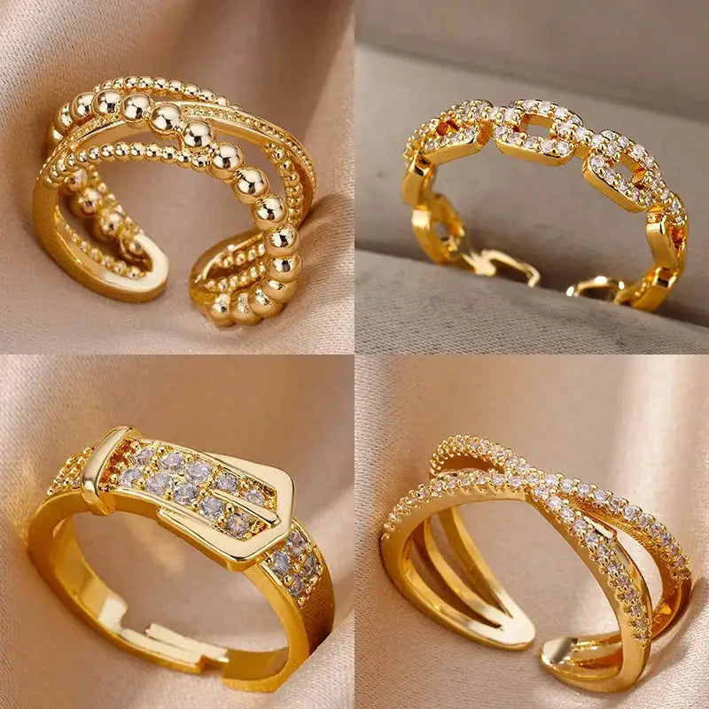 Stainless Steel Belt Ring For Women Zircon Adjustable Belt Finger Ring Geometric Wedding Aesthetic Jewelry Gift