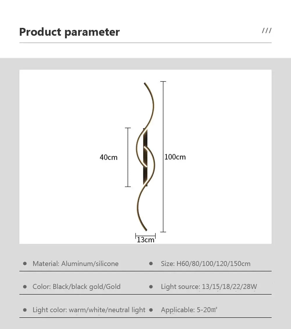Modern LED wall lamp from Simples Market, gold curved strip design for indoor bedroom/living room lighting.