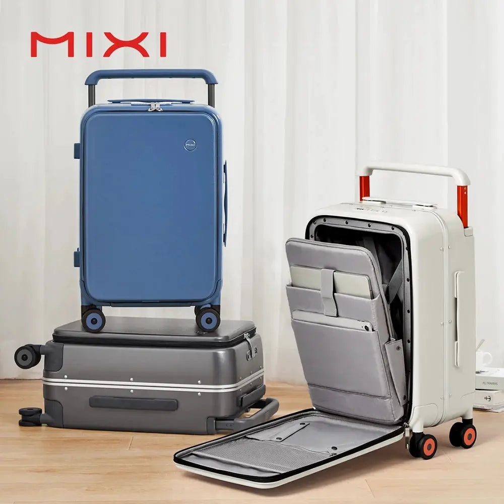 Mixi 20-inch blue carry-on suitcase with wide handle; two-piece luggage set shown with a white upright case.