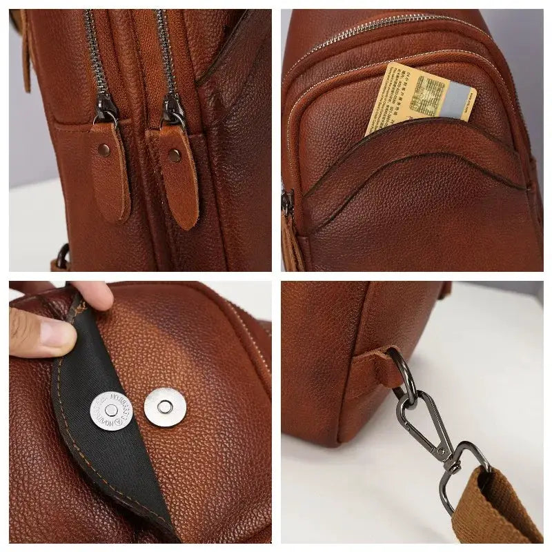 Brown genuine top-grain leather chest bag, crossbody with dual zippers and front card pocket