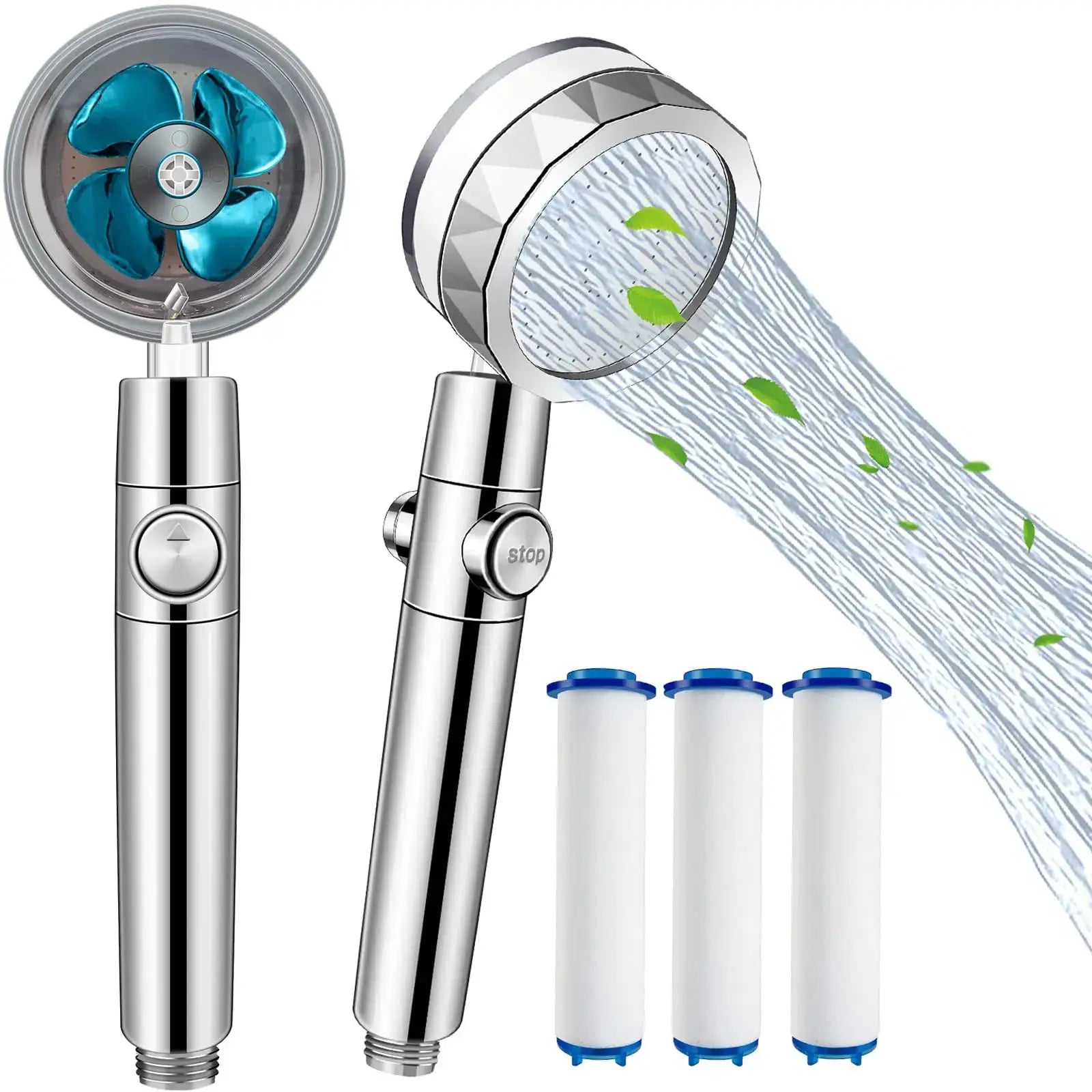 360° Rotation Turbo Fan Shower Head by Simples Market with high-pressure spray and 4 filter cartridges, chrome finish.