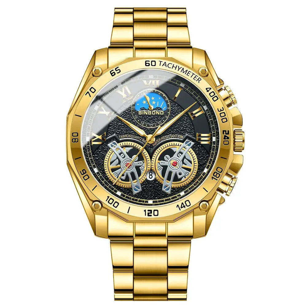 BINBOND gold-toned men's luxury wristwatch with decorative skeleton dial, tachymeter bezel and metal bracelet