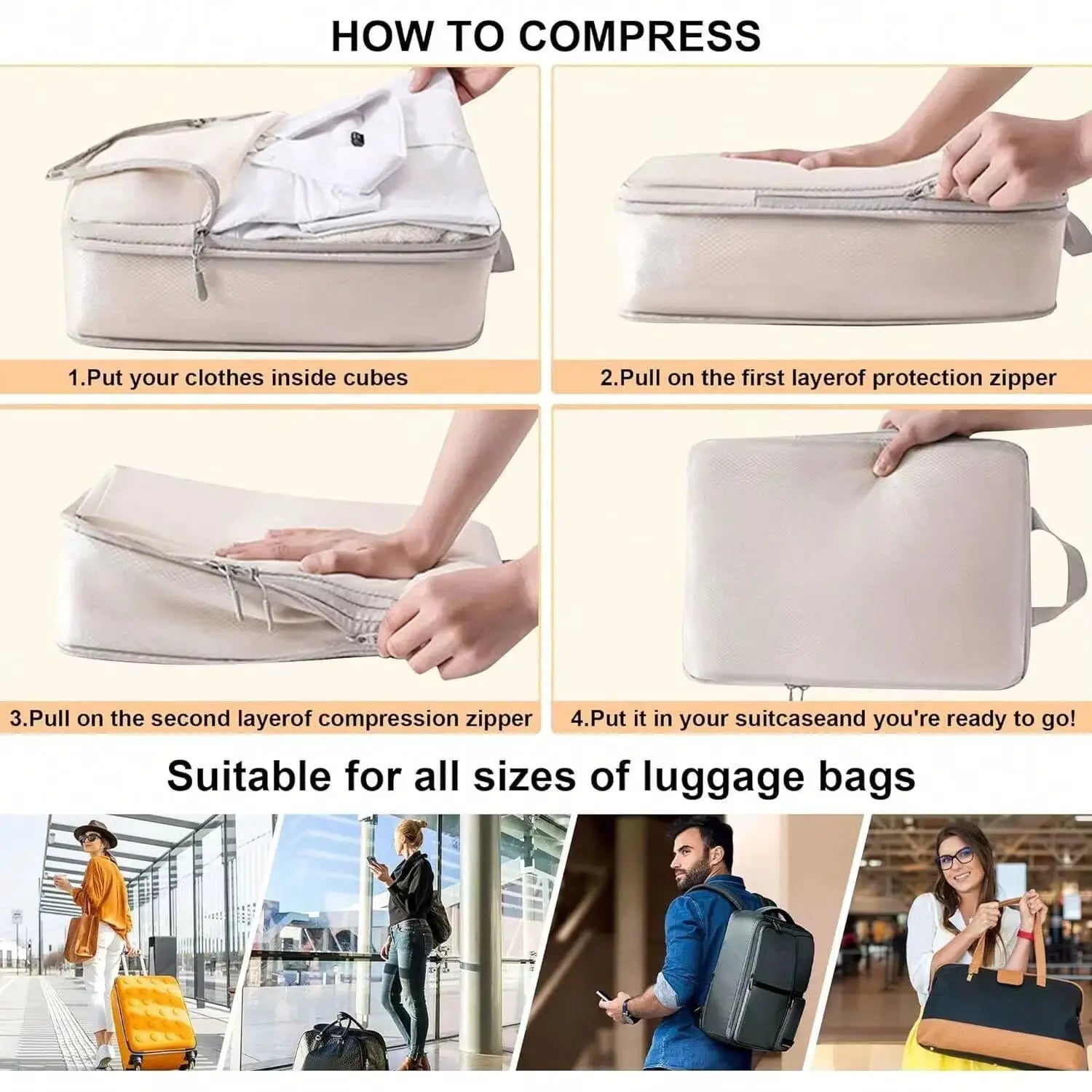 Ryanai Compressible Packing Cubes 4 Or 6 Pack Waterproof Nylon Travel Luggage Organizer Set Space Saving Durable