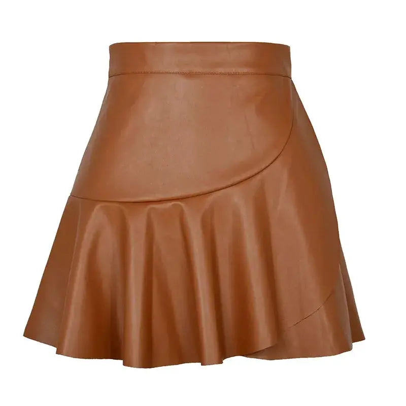 Women's brown faux leather mini skirt with elastic high waist and pleated ruffle hem