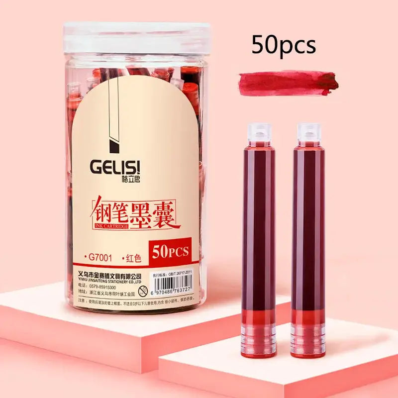 Fountain pen ink cartridges, Gelis, red ink, 50pcs in clear jar; 2 cartridges shown.