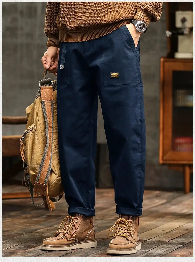 HIQOR men's loose-profile cargo pants by Simples Market, navy blue military-style cargo trousers