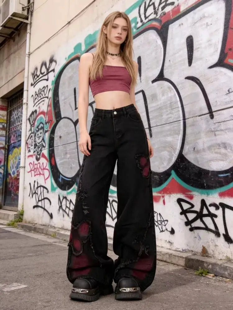 Womens Baggy Butterfly Jeans Vintage 90s Harajuku Denim Trousers