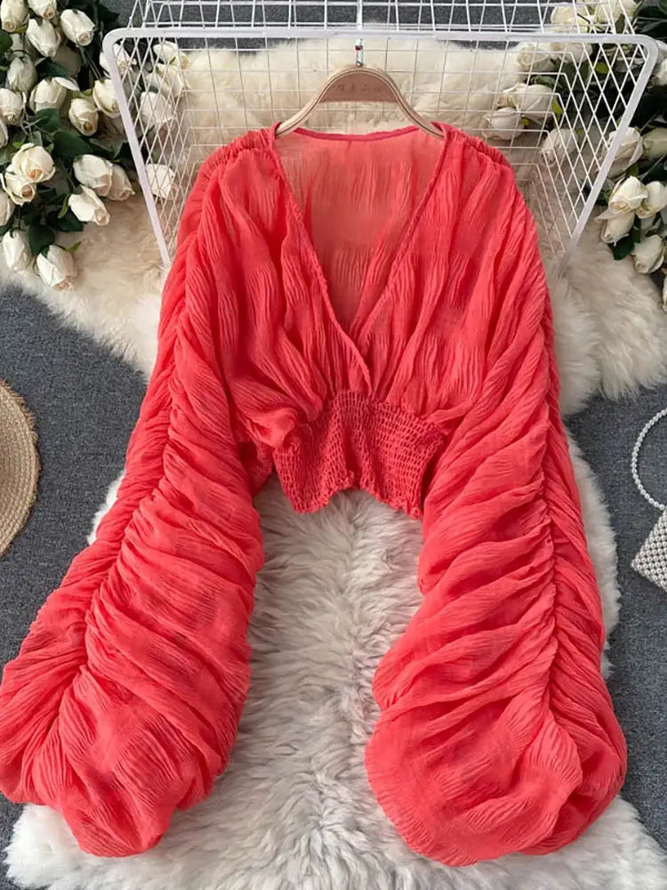 Red chiffon draped blouse with V-neck, puff long sleeves and smocked waist, Simples Market