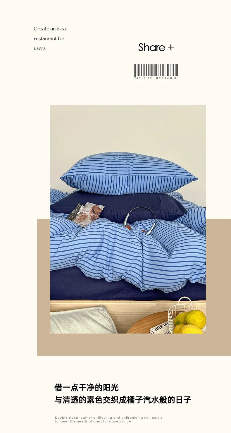 Bedding set with blue striped duvet cover, pillowcases and bedsheet by Simples Market