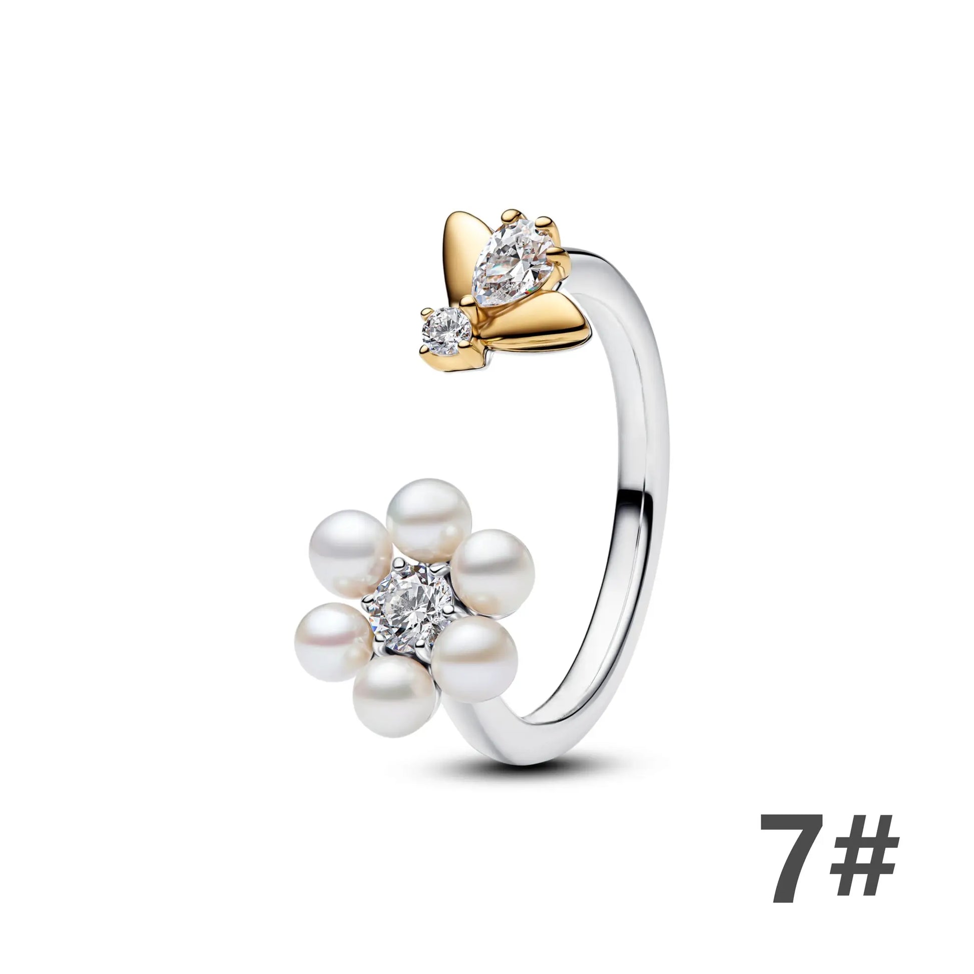 925 silver ring with golden flower setting, clear gemstone centerpiece, and pearl accents