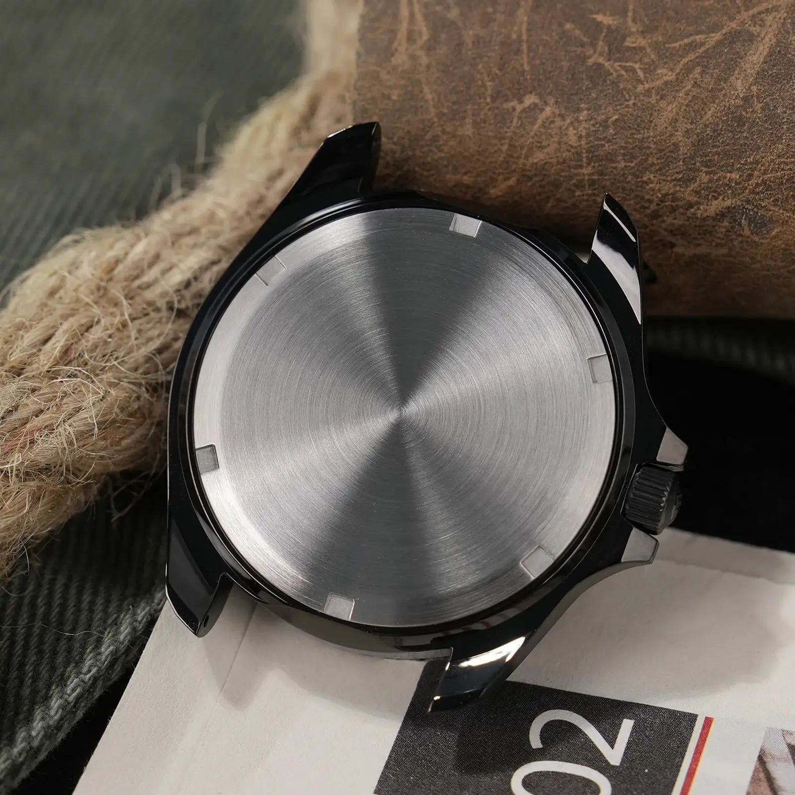 Watchdives WD1980 V3 luxury men's watch back in brushed stainless steel with black case and crown.