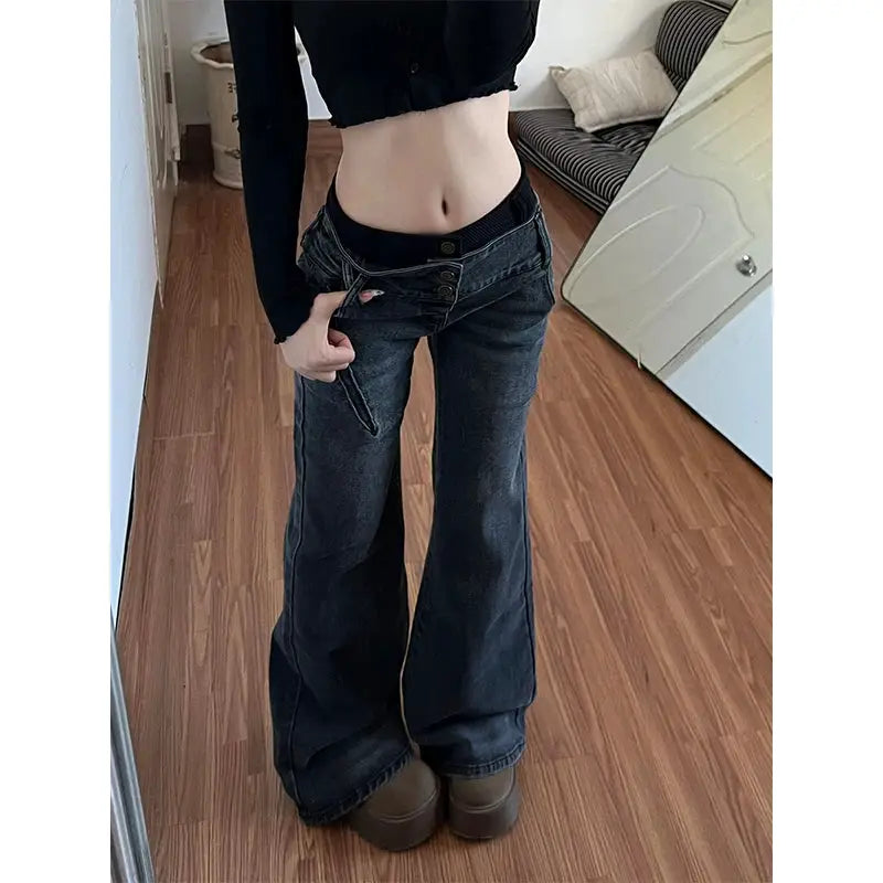 American Retro Low Waisted Jeans For Women Spicy Washed Flared Pants