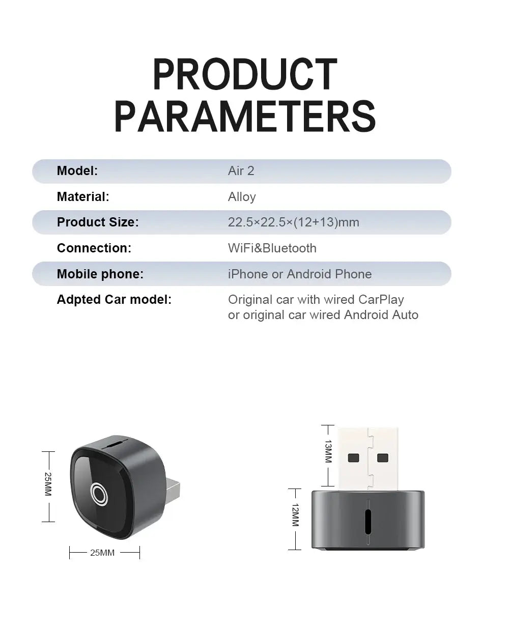 XUDA 2in1 wireless CarPlay/Android Auto adapter; black compact unit with USB dongle, two-piece set by Simples Market