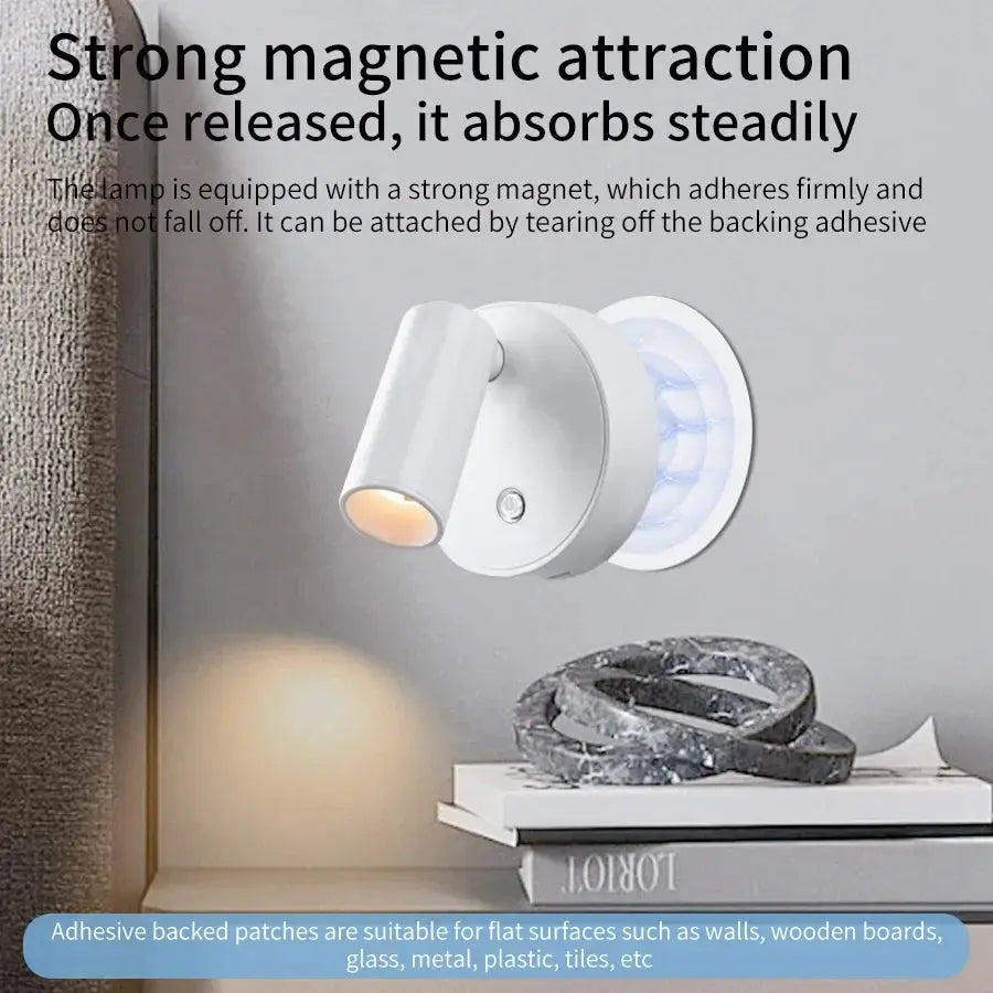 Rechargeable LED wall lamp with touch control, white magnetic spotlight, 360° rotation for bedside reading