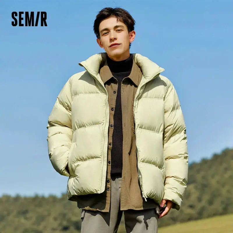 Semir puffer jacket beige, unisex down coat with horizontal quilting and SEM/R logo