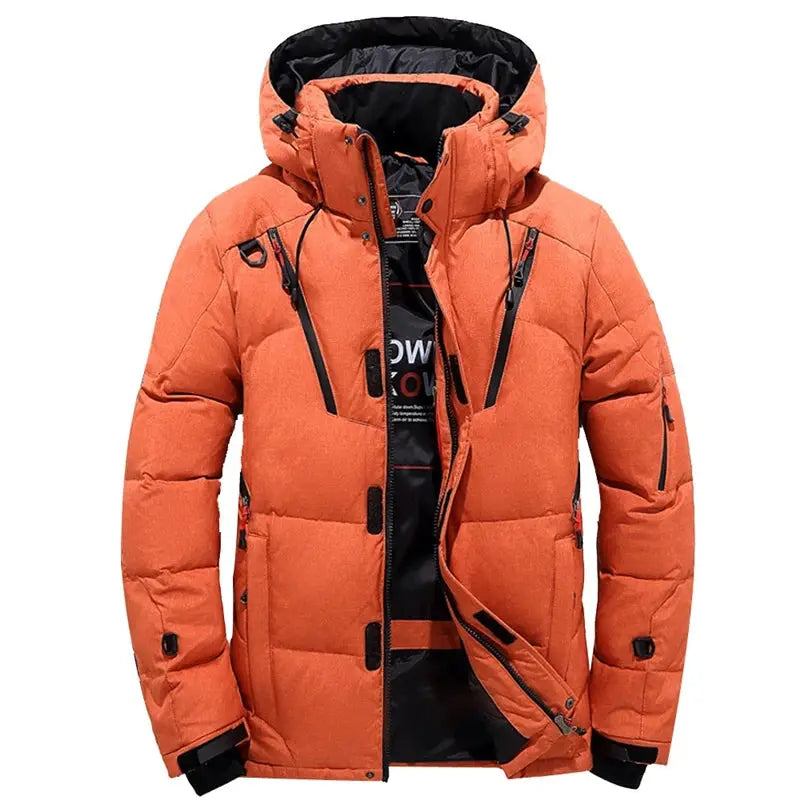 Simples Market orange hooded down jacket for men, quilted puffer parka with black zippers