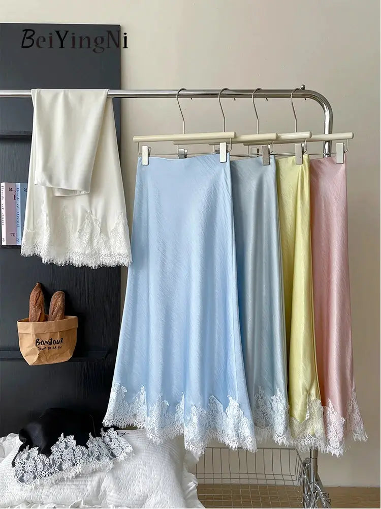 Beiyingni Satin A Line Lace Patchwork Skirt For Women Elegant Long Office Wear Chic