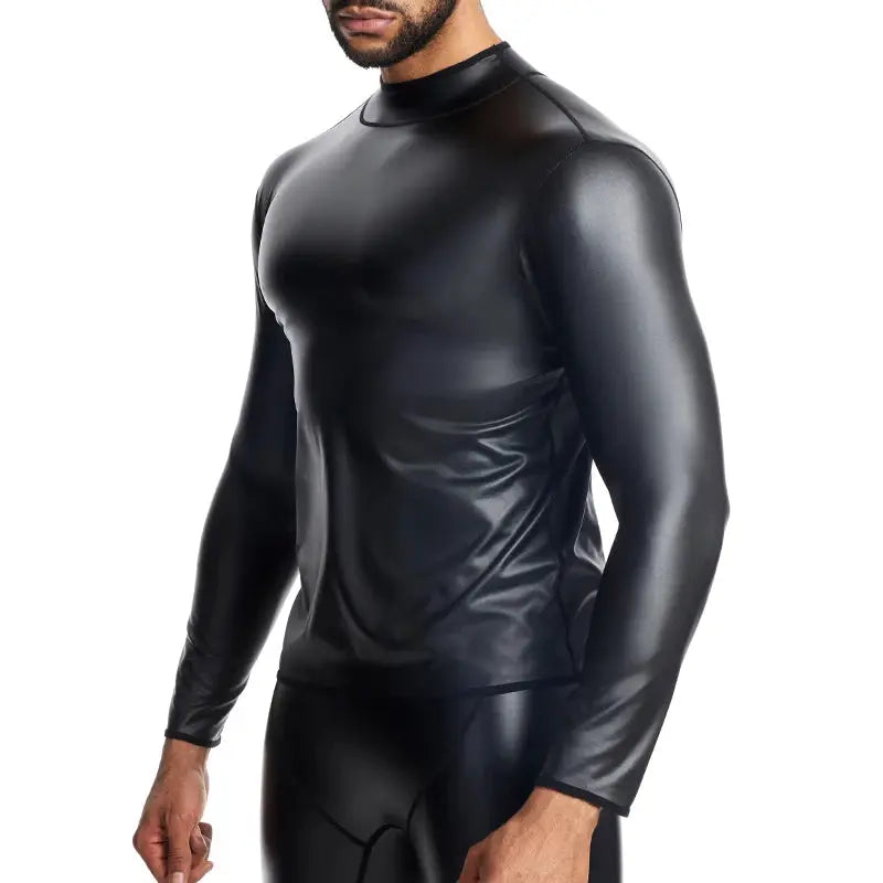 Men's stand-collar black faux leather long-sleeve shirt by Simples Market