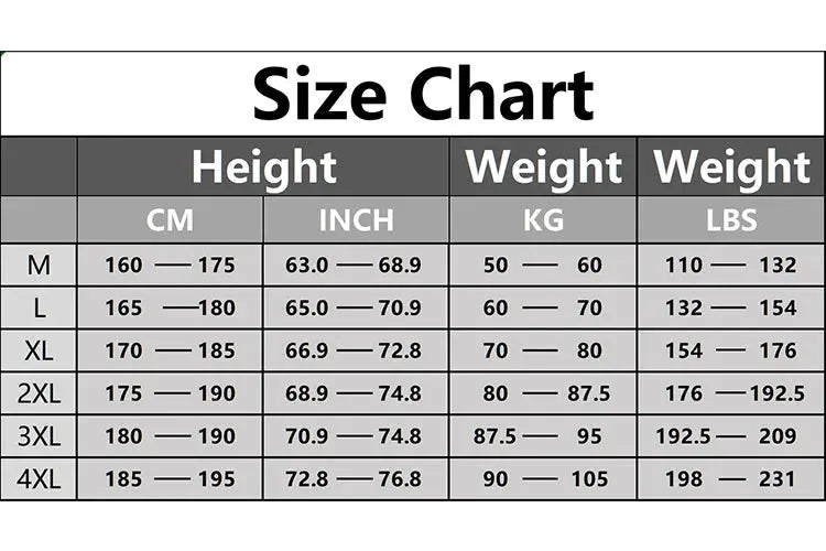 Size chart for men's winter down jacket showing sizes M-4XL with height (cm/in) and weight (kg/lbs) ranges.
