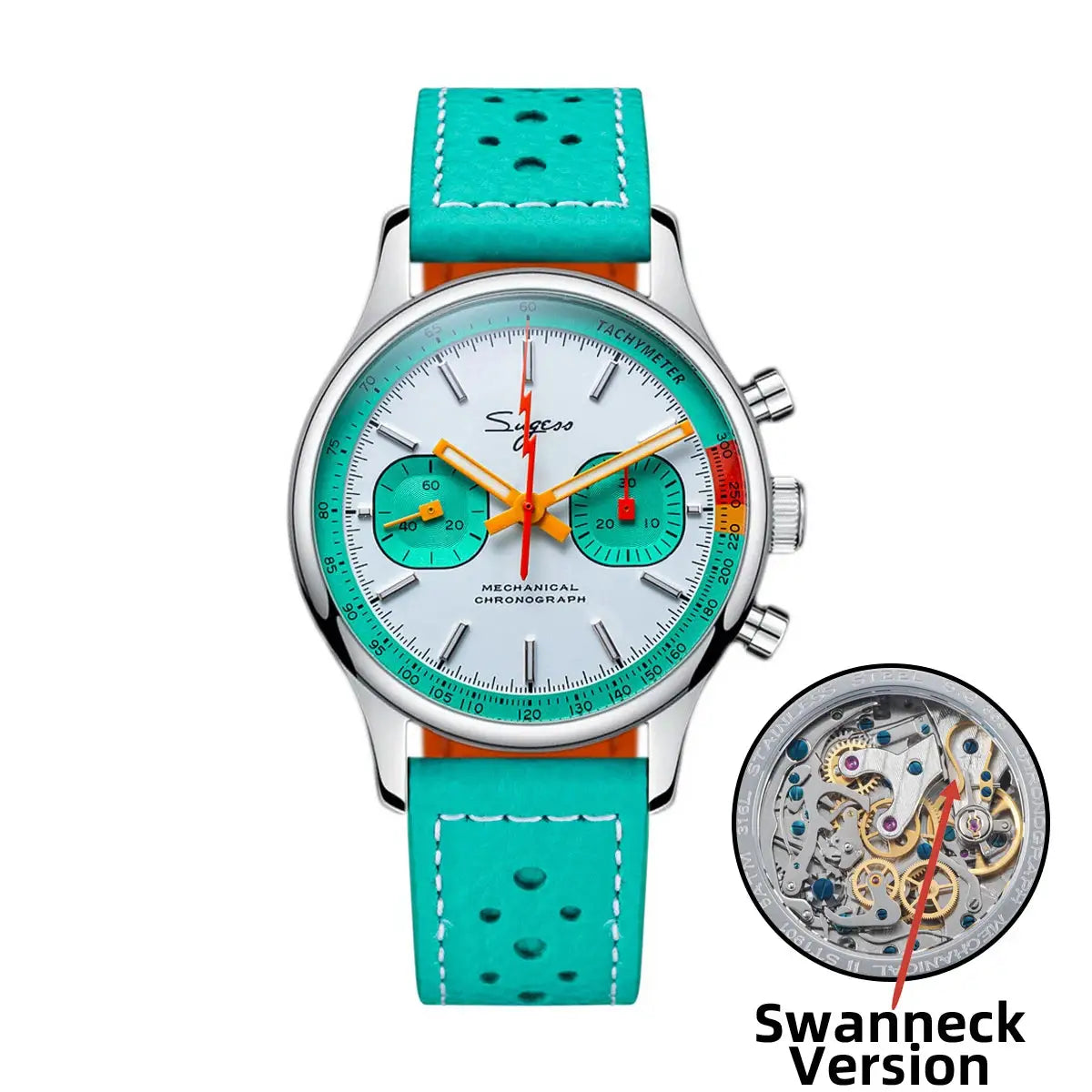 Sugess men’s chronograph watch with teal strap, white dial, turquoise subdials, orange hands, stainless steel case.