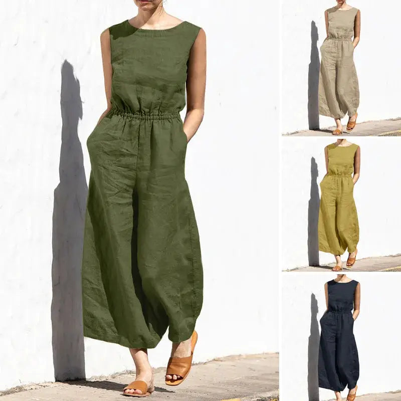 Olive green cotton and linen jumpsuit; sleeveless, high-waist, wide legs with pockets; beige, khaki, navy in 4 colors.