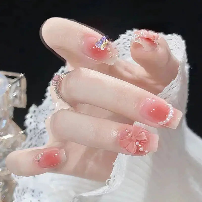LuxeNail Blush Pink False Nails Bowknot Diamond Pearl Design Press On Nail Tips Harmless Smooth Edge Safe DIY Mani