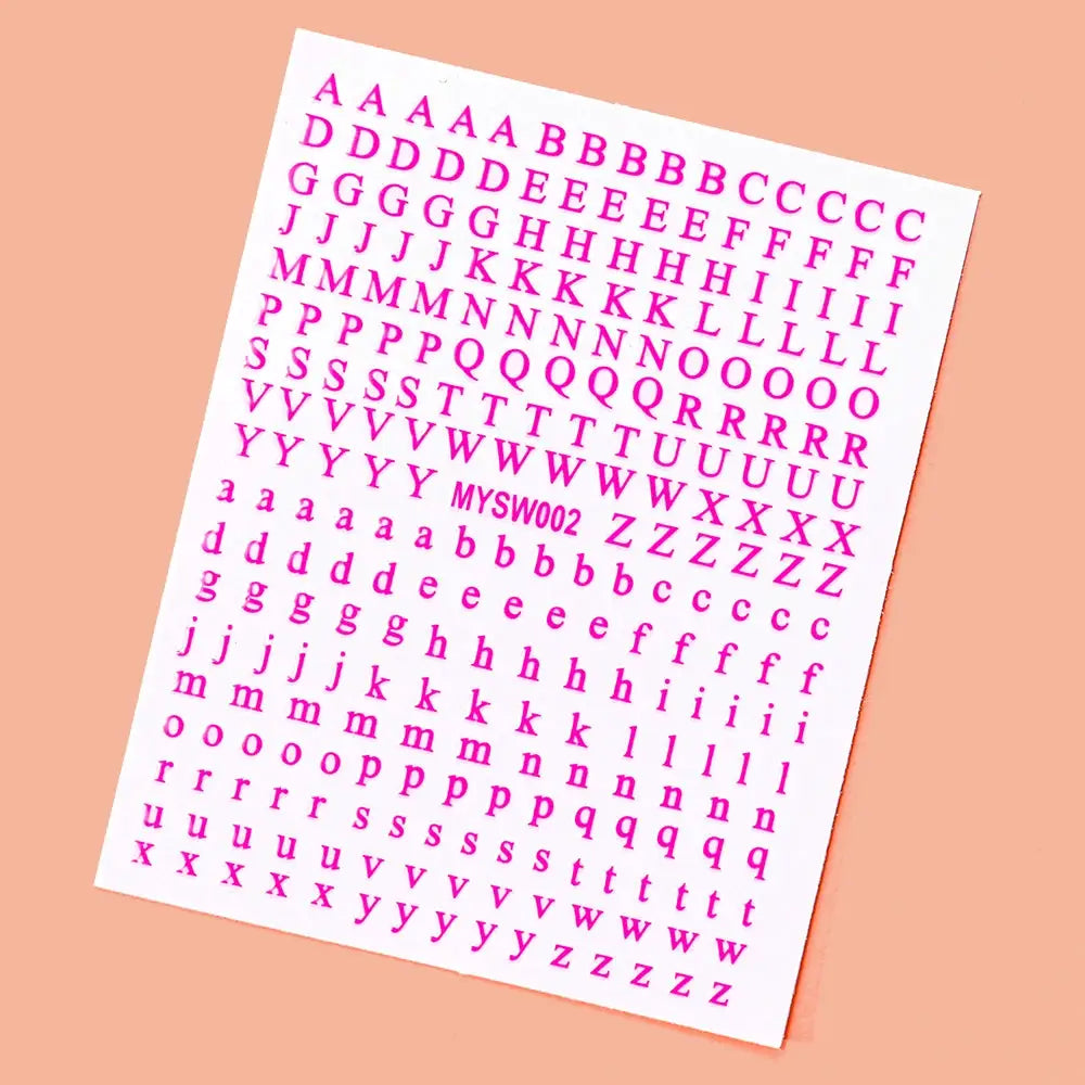 1 sheet of 3D alphabet nail stickers in pink letters, 8x10cm, self-adhesive manicure decals