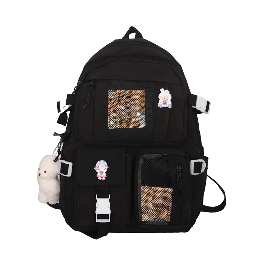Simples Market black school backpack with multiple pockets and mesh front pockets.
