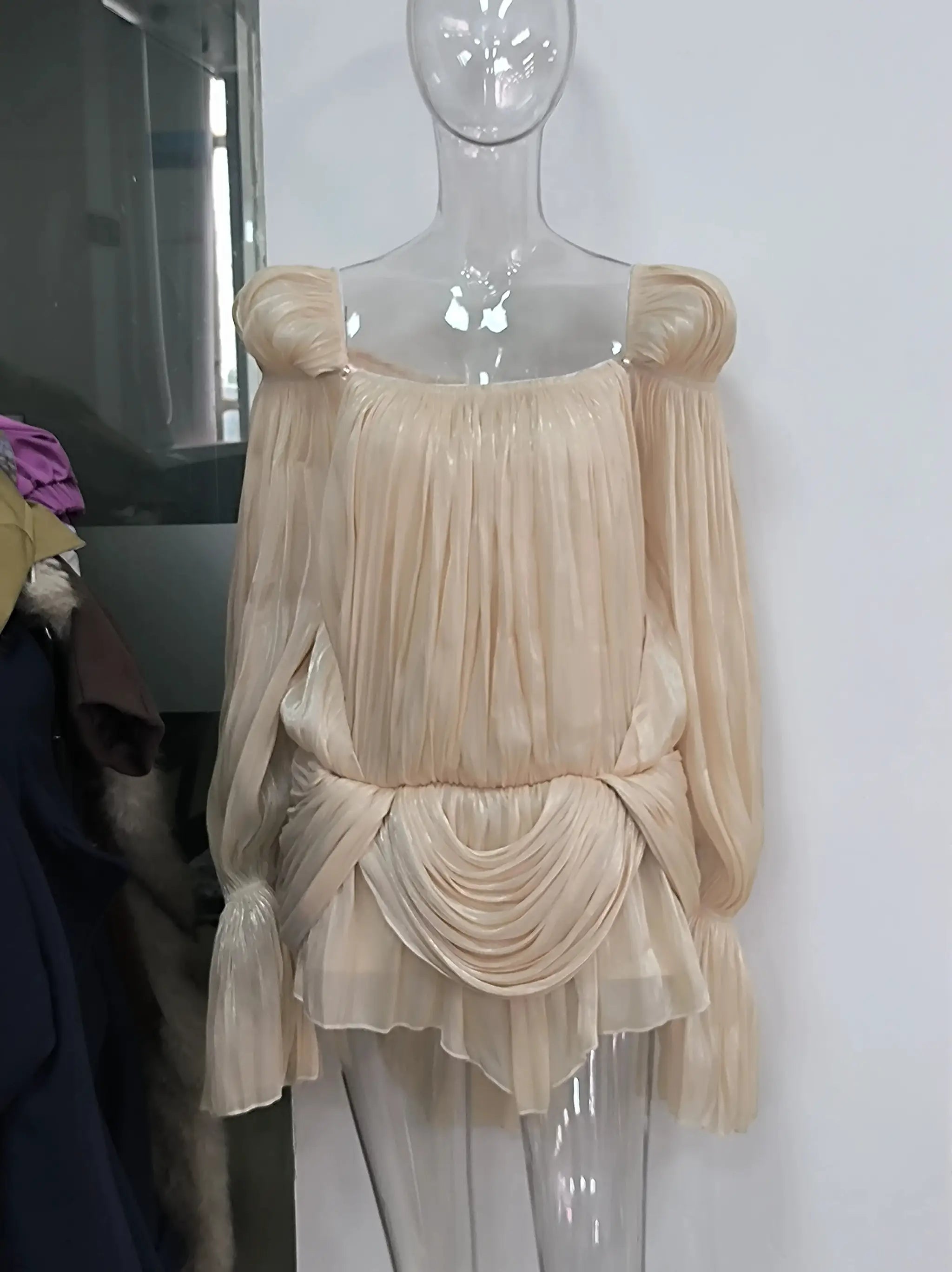 Satin Off Shoulder Pleated Mini Dress For Women Puff Sleeve Cinched