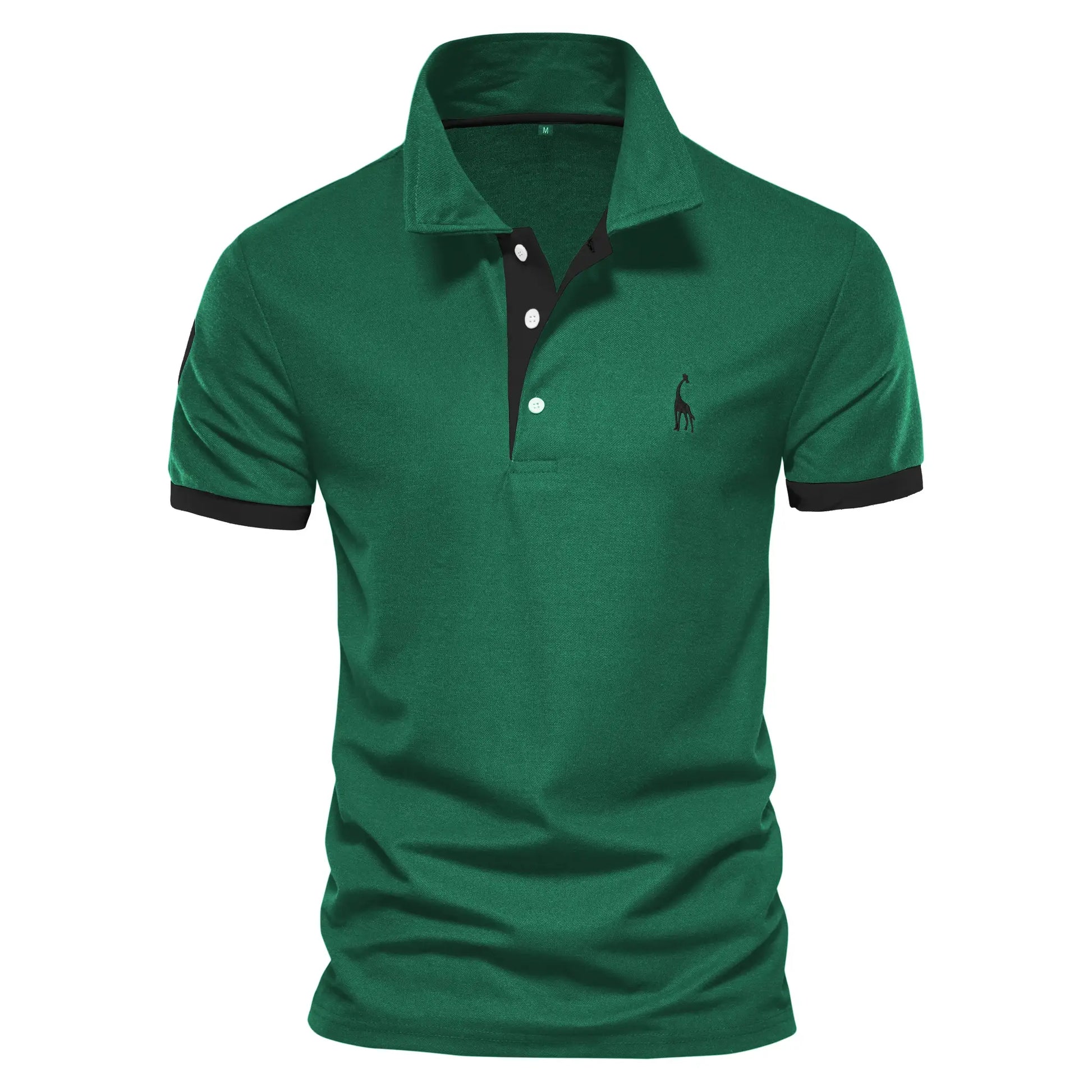 Green men's polo shirt with black placket and sleeve trim, featuring a small giraffe embroidery on the chest.