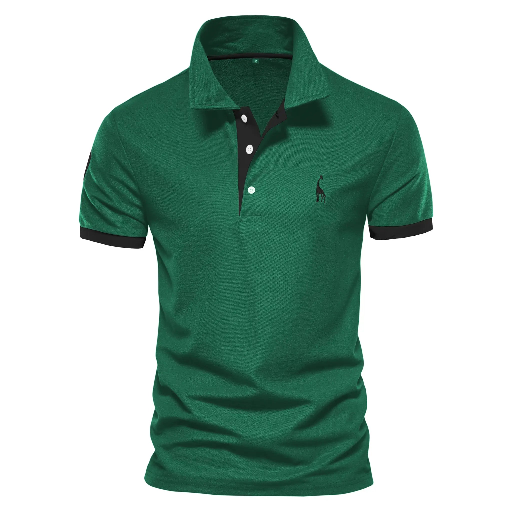 Green men's polo shirt with black placket and sleeve trim, featuring a small giraffe embroidery on the chest.