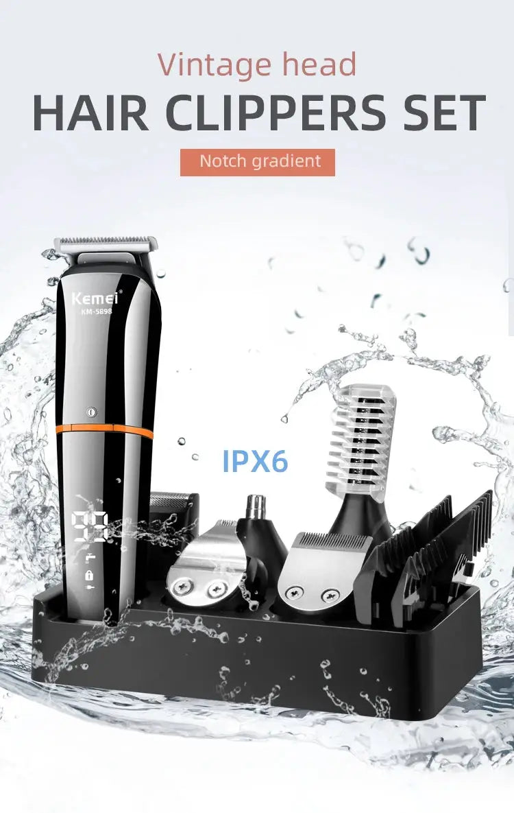 Kemei KM-5898 11-in-1 waterproof black men's grooming kit with cordless trimmer, hair clipper, shaver and nose hair trimmer in stand