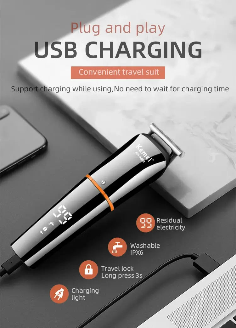 Kemei KM-5898 waterproof 11-in-1 men’s grooming trimmer with black-silver finish and orange accent, USB charging