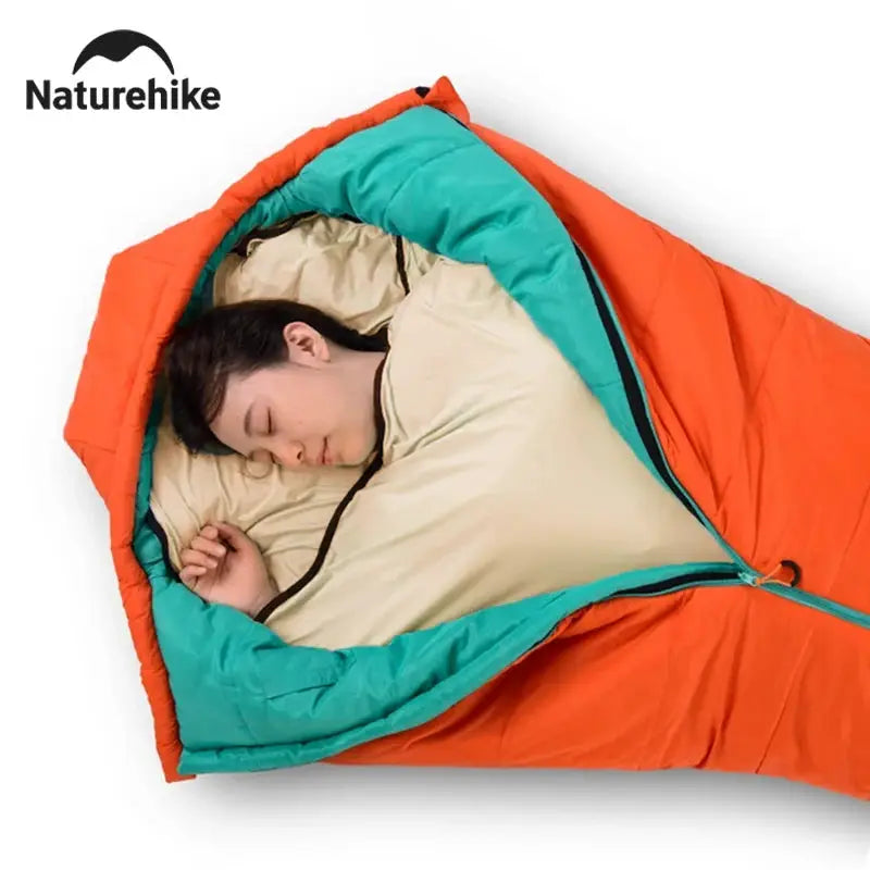 Naturehike sleeping bag, orange exterior with teal interior, wearable mummy-style camping bag