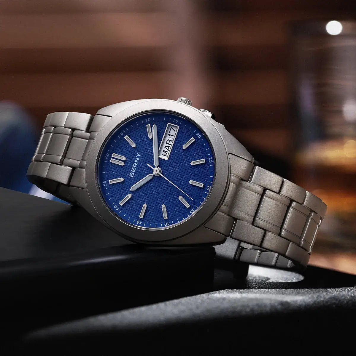BERNY titanium men's watch with blue dial, date window, 38mm, titanium bracelet.