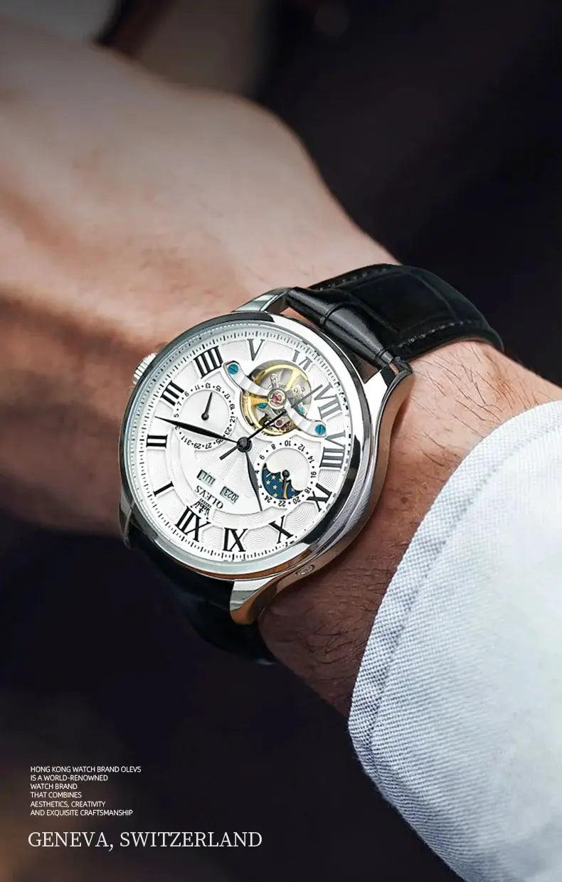 OLEVS 7013 men's mechanical watch with moon phase, skeleton dial, Roman numerals, stainless steel case, black leather strap