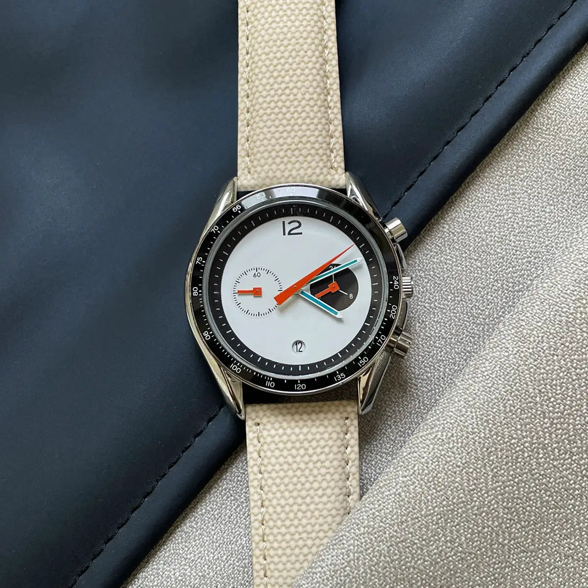 CILOA men's luxury mechanical watch with white dial and beige fabric strap