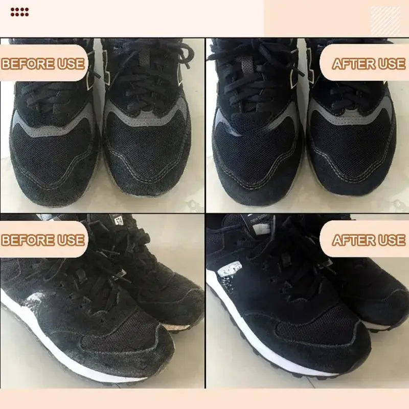 Suede cleaning brush by Simples Market for black sneakers; before and after cleaning (two pairs shown)