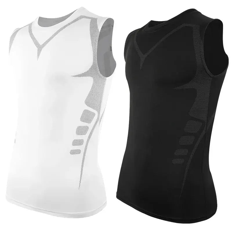 Pair of men's shapewear tank tops, white and black compression vests with breathable panels