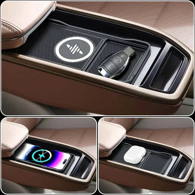 Car wireless charging pad with USB cable in tan center console; phone, AirPods Pro 2 case, and key fob on pad.