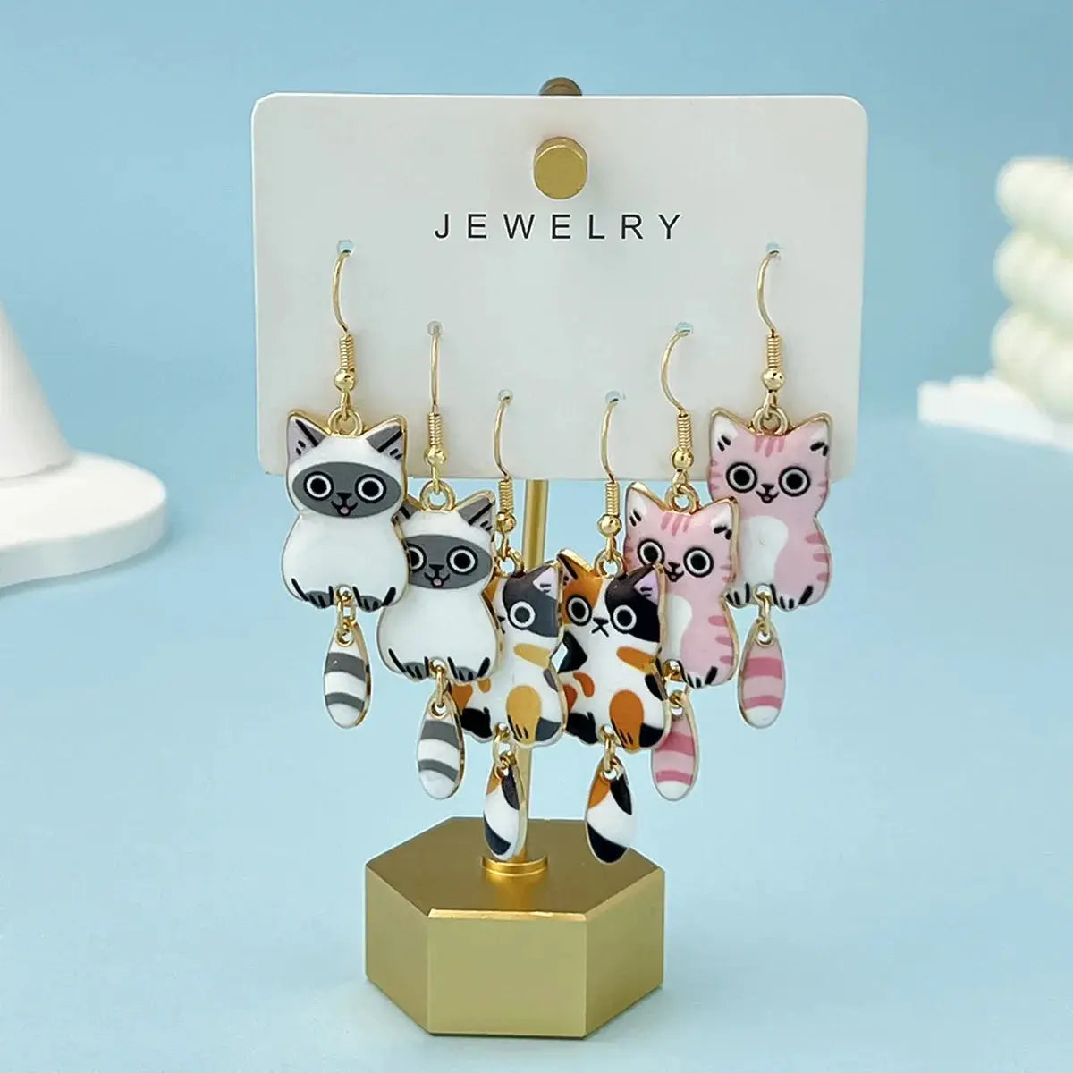 Three Pairs Colorful Cat Ear Dangle Earrings Set Enamel Alloy Hanging Tail Jewelry Cute Gift for Women and Girls