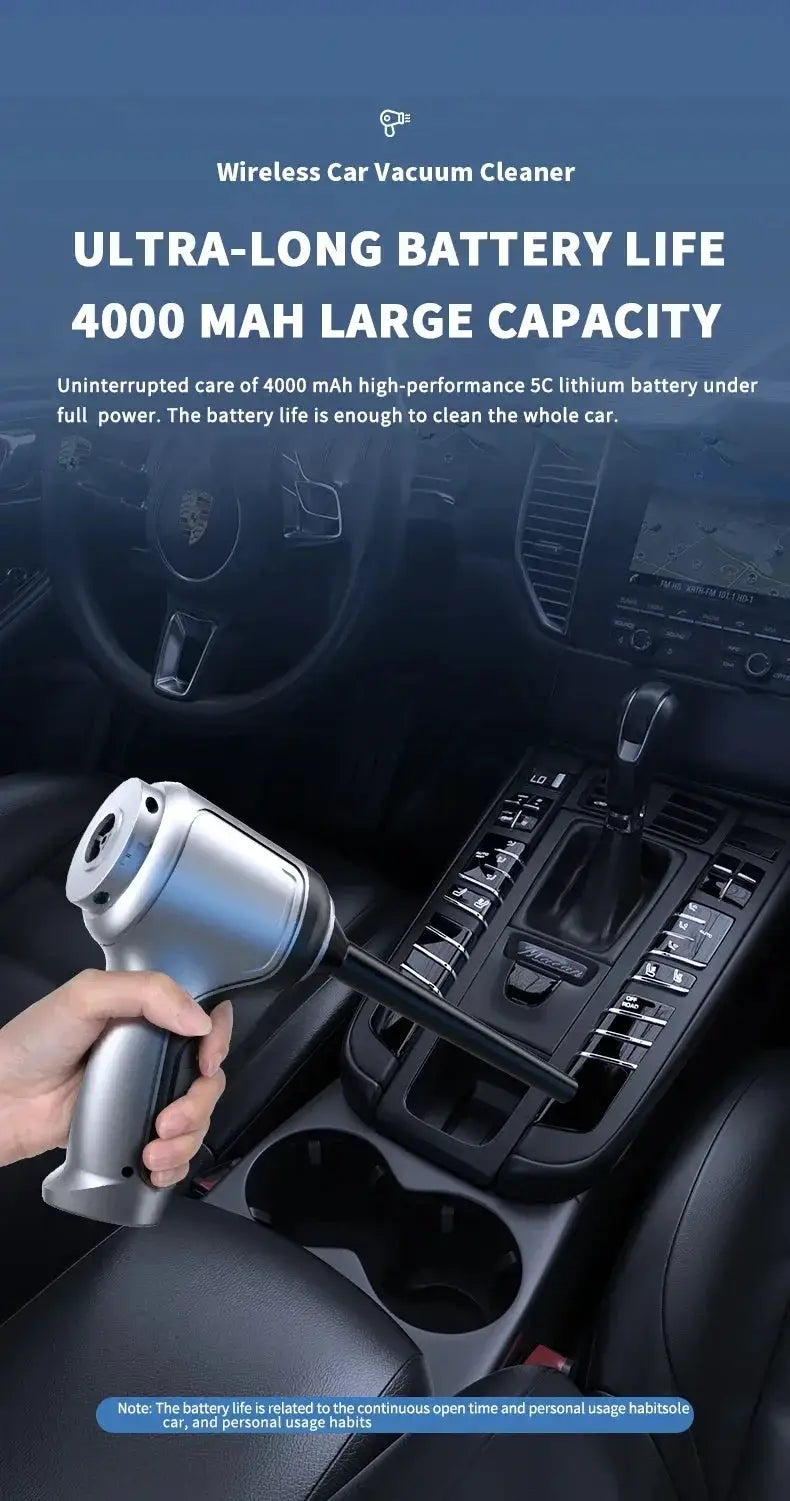 Wireless handheld car vacuum cleaner in silver and black with long nozzle, cordless interior cleaner