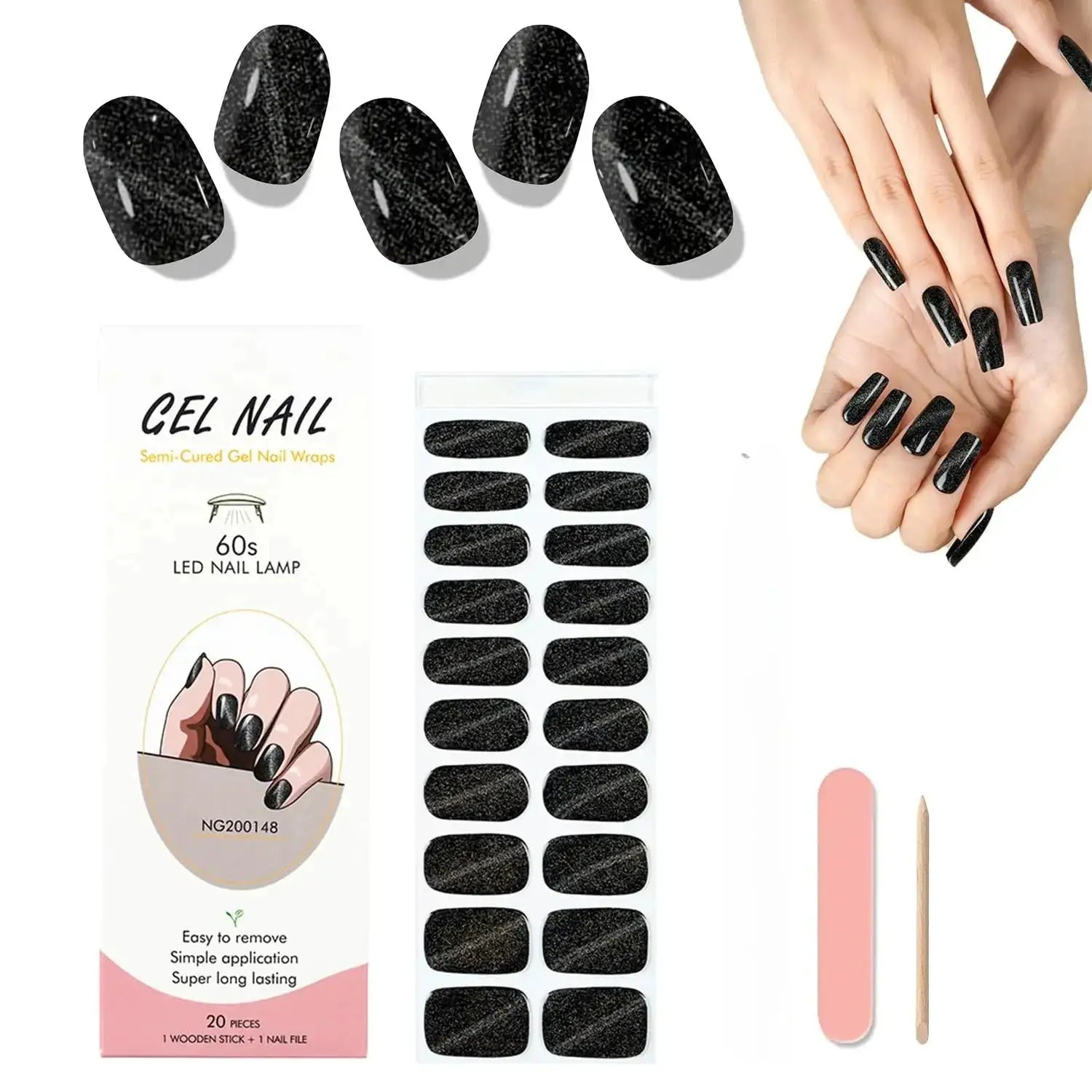 Gel nail wraps set, Simples Market, black glitter full-cover, 20 pieces