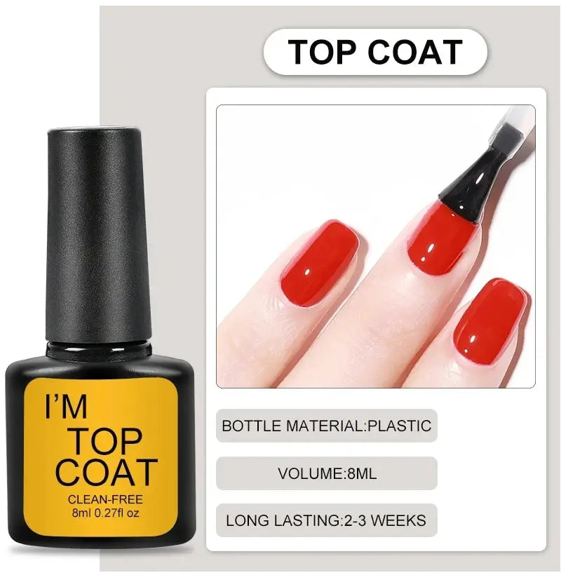 I'm Top Coat gel nail top coat bottle by Simples Market, plastic 8ml, brush applying red gel to nails