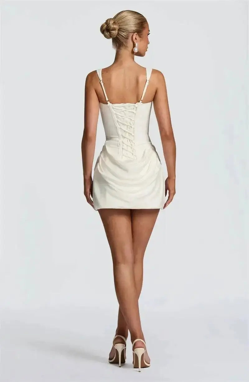 Mozision Backless Ruched Mini Dress With Tapered Straps Square Collar