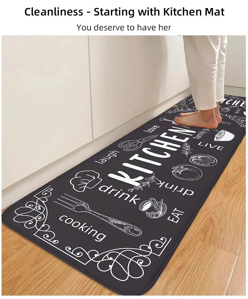 VIKAMA kitchen mat by Simples Market, black non-slip absorbent floor mat with white kitchen graphics.