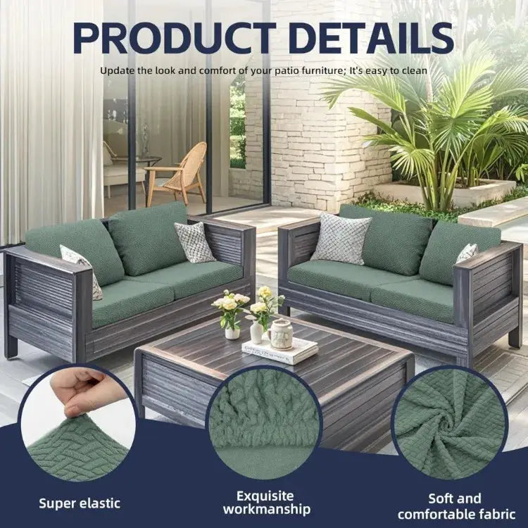 Outdoor sofa cushion covers by Simples Market, green waterproof stretch slipcovers for patio couches.