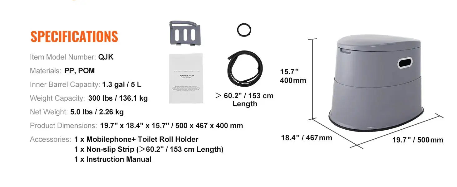 Portable camping toilet by Simples Market, gray plastic with detachable 1.3 gal inner bucket.