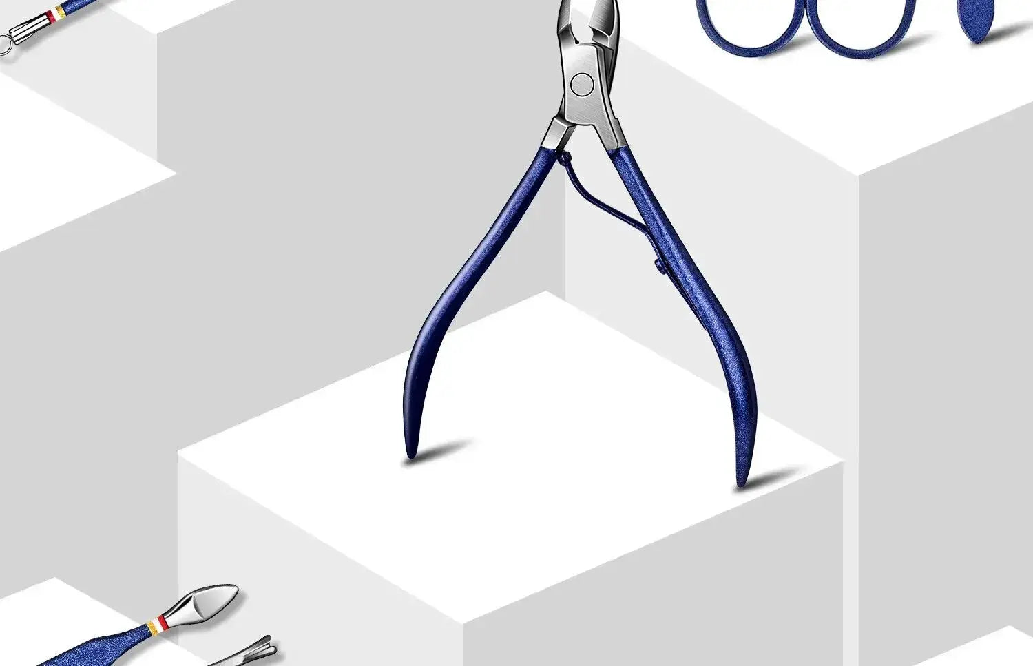 Blue-handled stainless steel nail clippers set for manicure